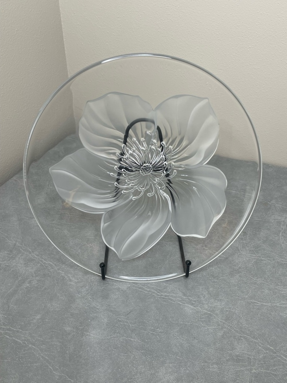 Vintage 80s Sasaki Centerpiece Bowl Frosted Hibiscus Blossom on Clear Crystal